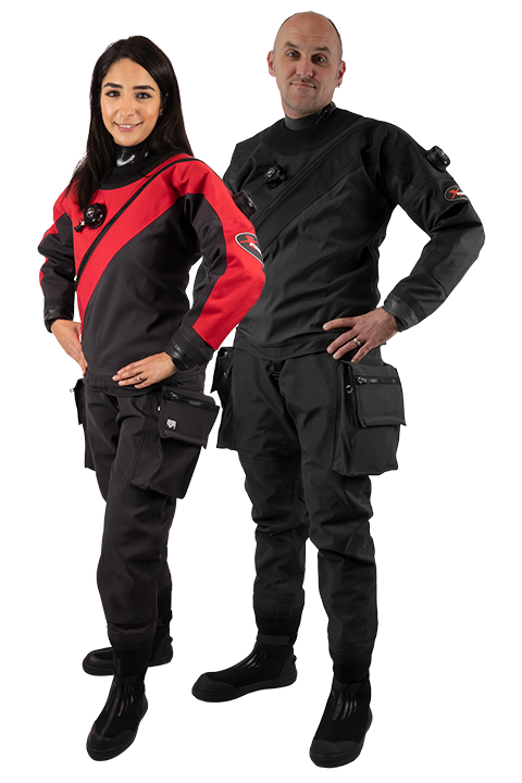 Female & Male wearing Xpedition Drysuit by ScubaForce